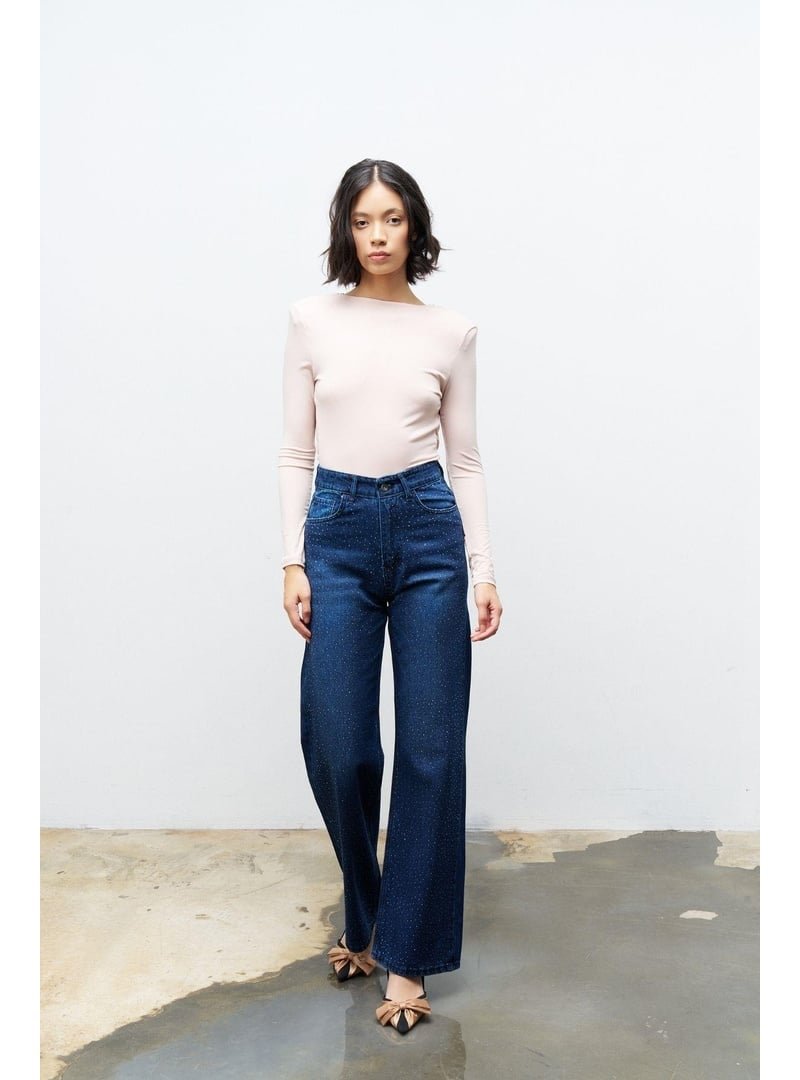 BASICPARK Açık Mavi Cotton Önü Taşlı Straight Fit Denim Pantolon