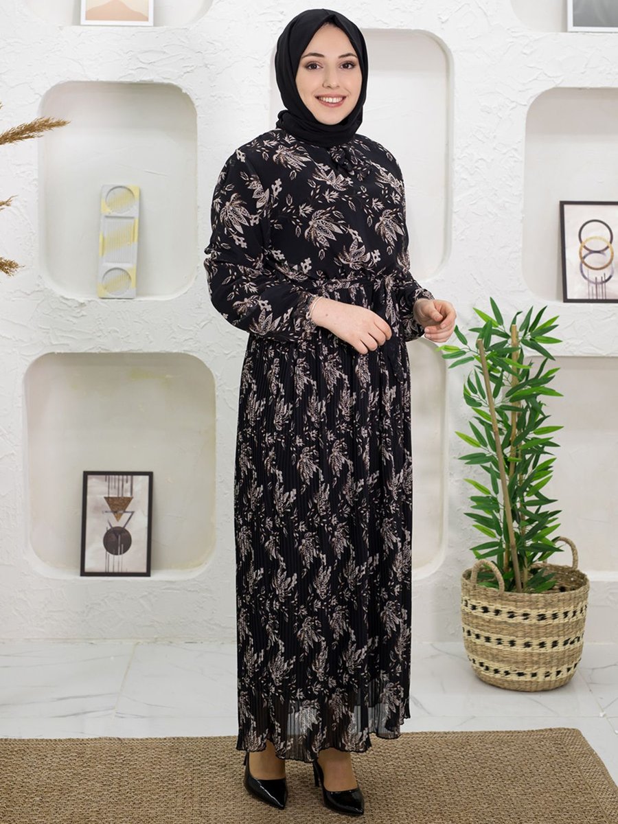 Mec Fashion Çiçek Desenli Pileli Siyah Elbise