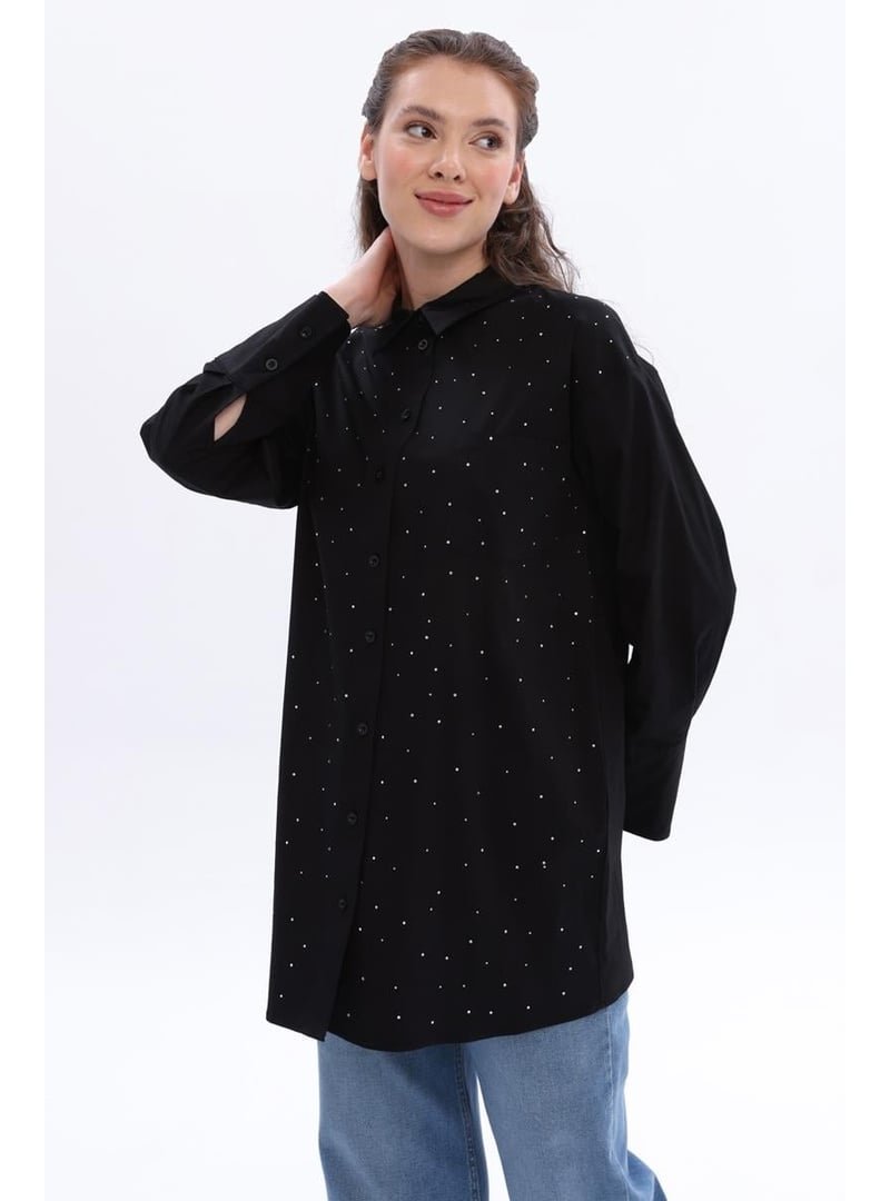 Allday Siyah Pamuklu Taşlı Gömlek Tunik