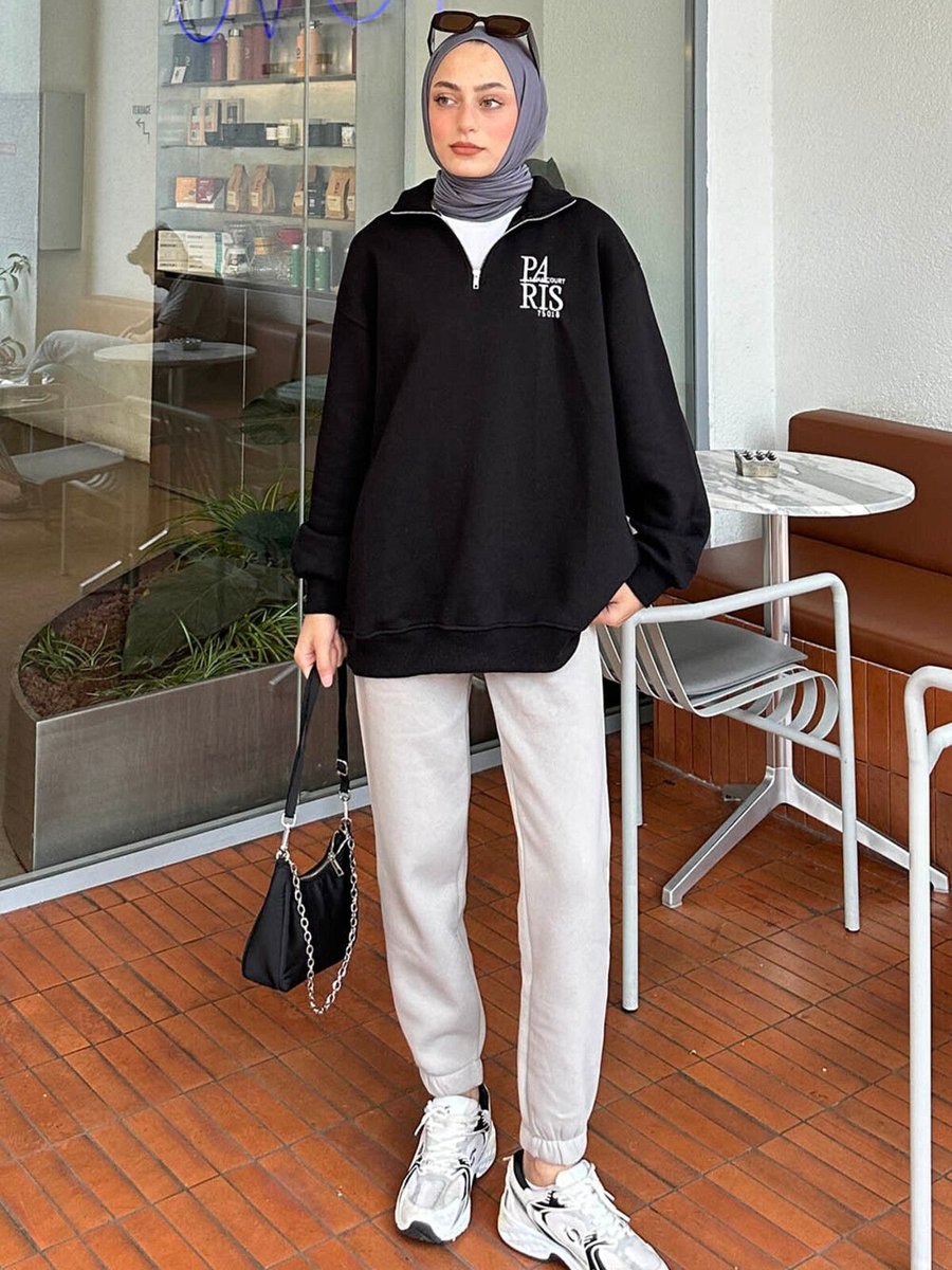 Lamelif Fermuar Yakalı Paris Nakışlı Sweatshirt Siyah