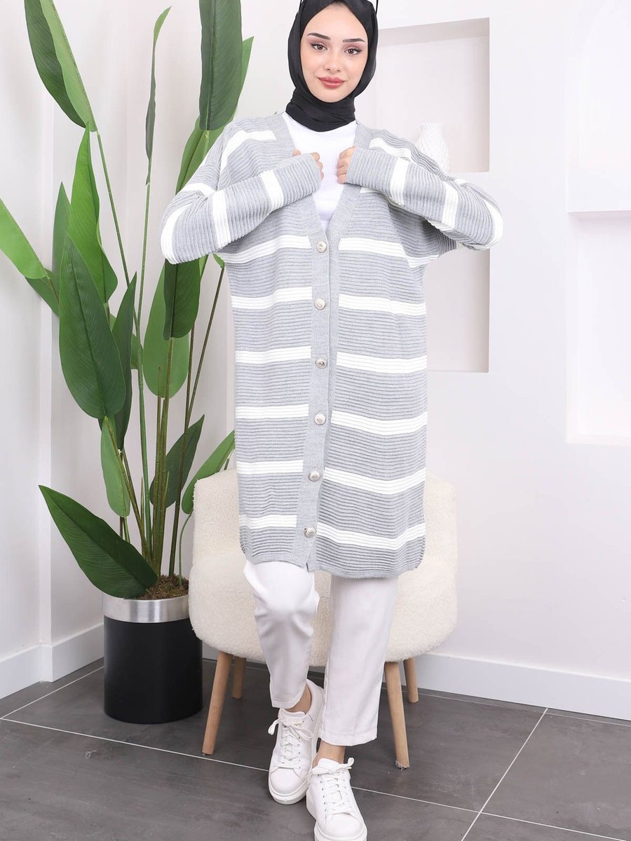 İmajbutik Gri Çizgili Gofralı Uzun Triko Hırka