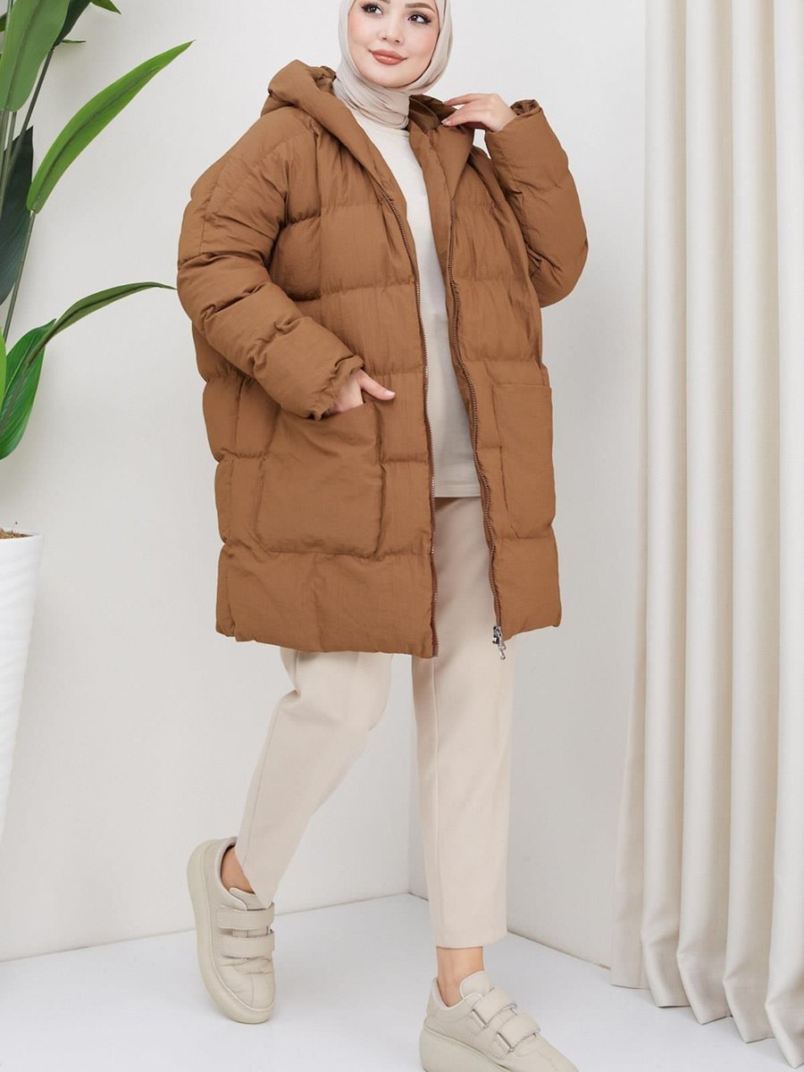 Hafsamina Kraşlı Oversize Dolgulu Mont Kahverengi