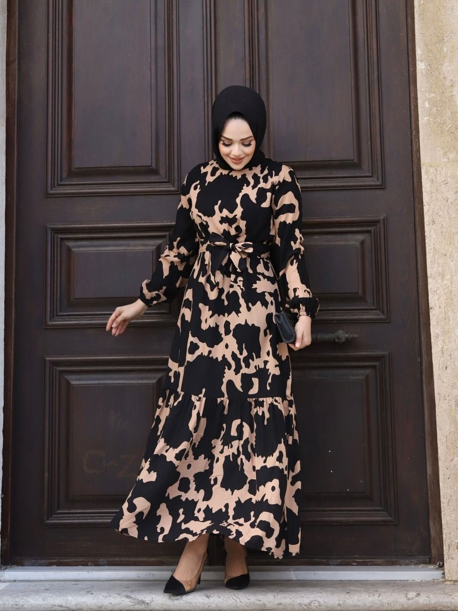 SFG Life Moda Camel Kuşaklı Kolu Lastikli Desenli Viskon Dokuma Elbise