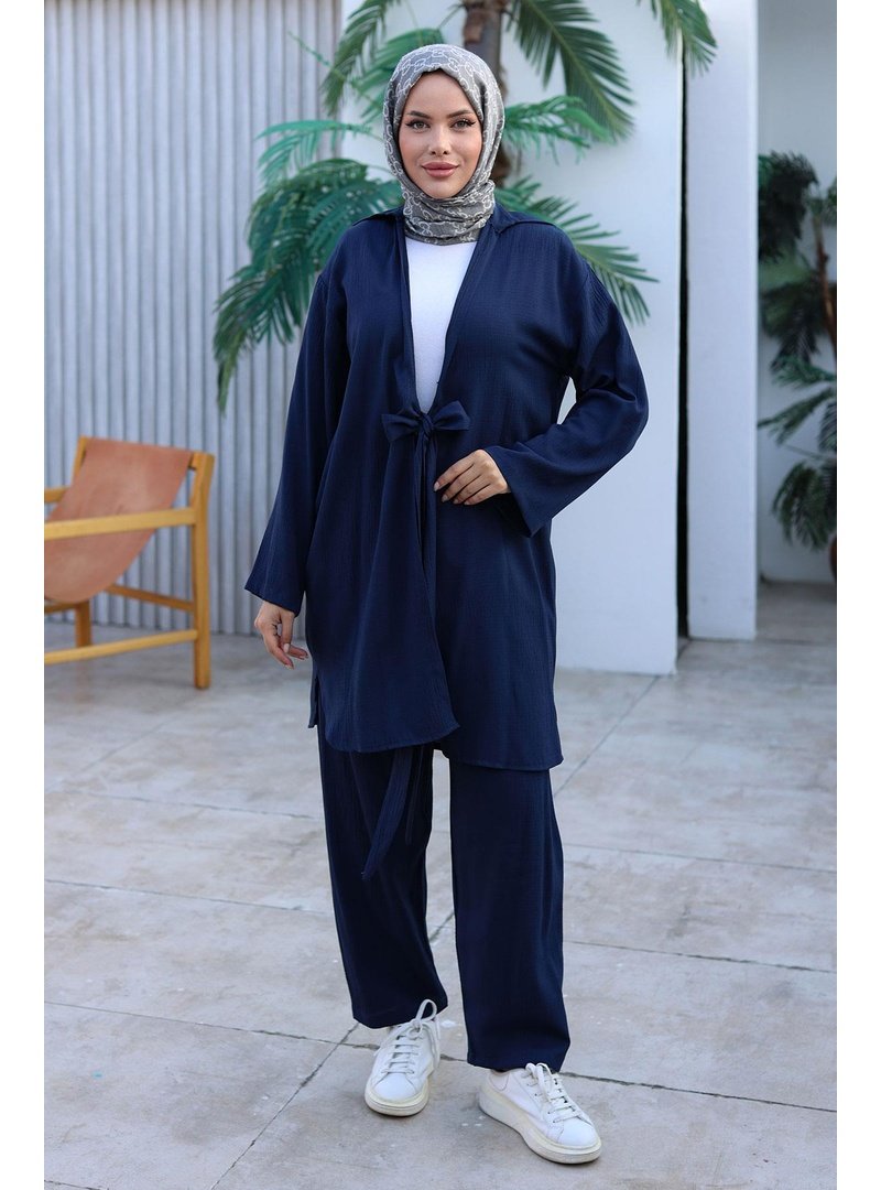 Misskayle Lacivert Bağlama Detaylı Kimono Takım