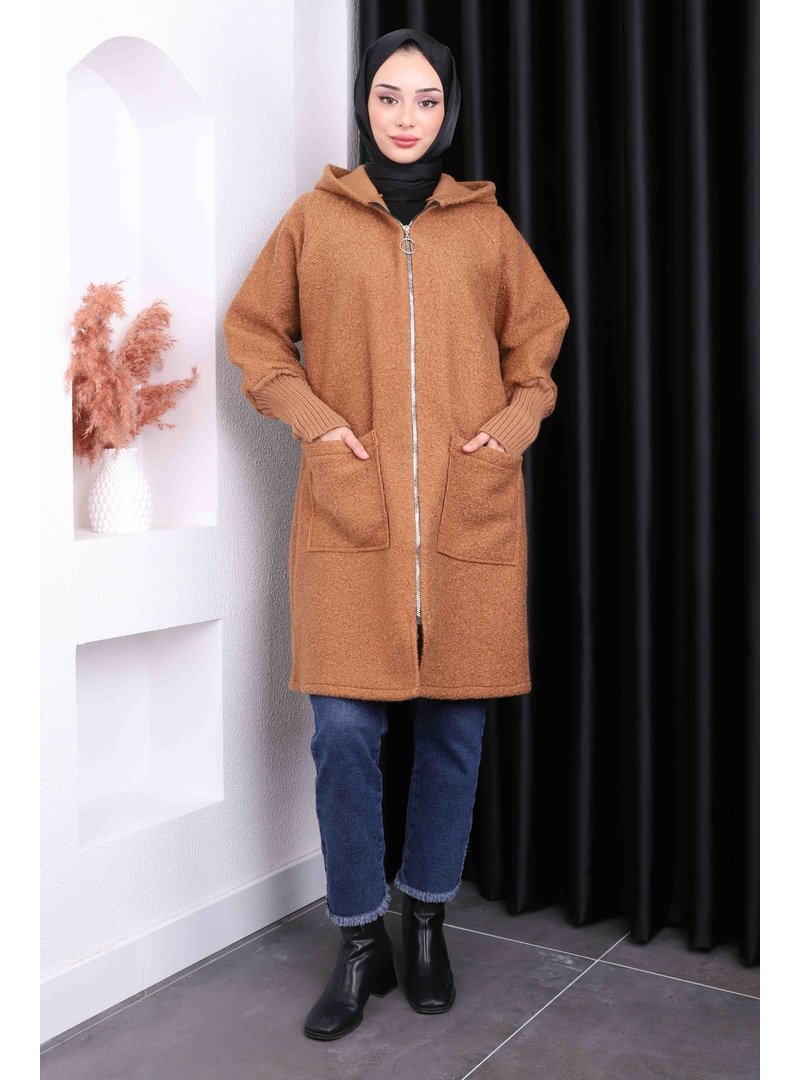 İmaj Butik Taba Fermuarlı Kolları Triko Angora Kaban