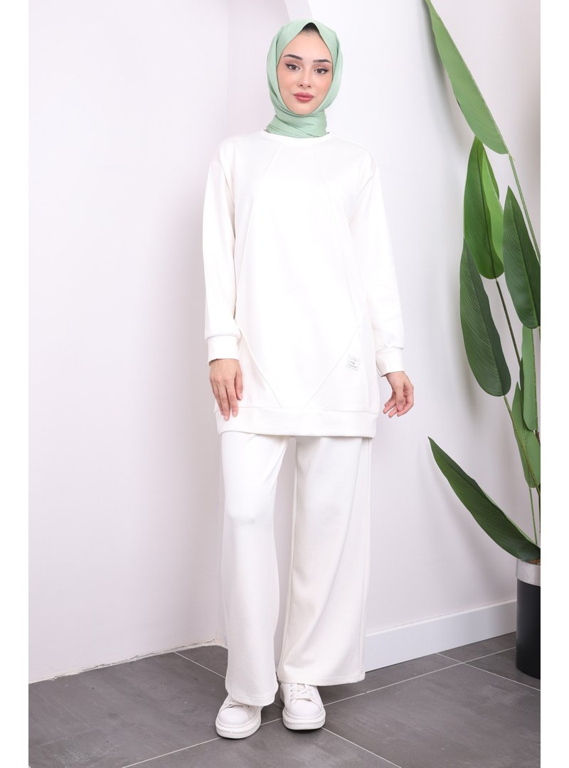 İmaj Butik Ekru Bisiklet Yaka Modal Tunik Pantolonlu Takım
