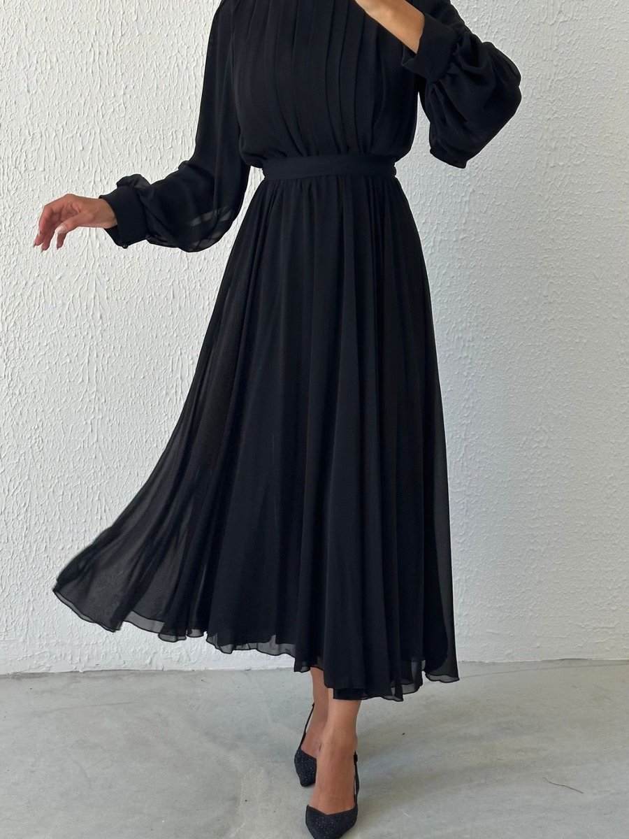 Leyuze Butik Eşsiz Tasarım Şifon Abiye Elbise Siyah