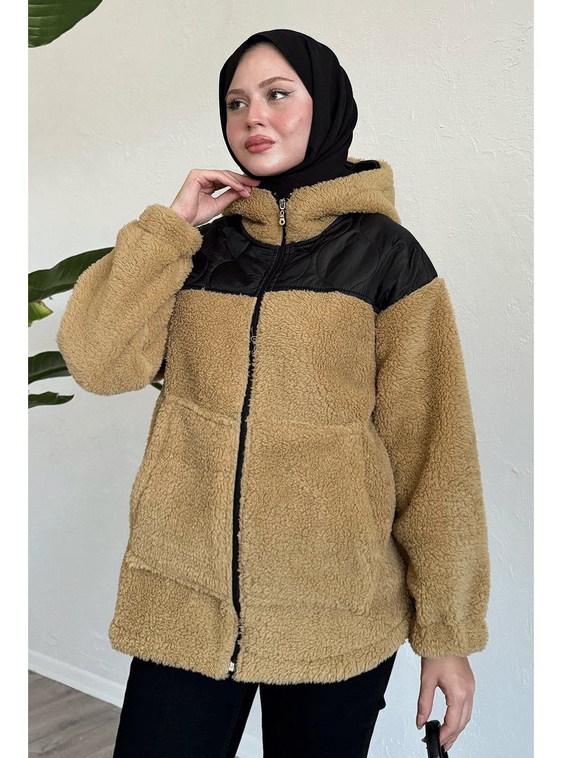 InStyle Kapitone Detay Camel Peluş Hırka