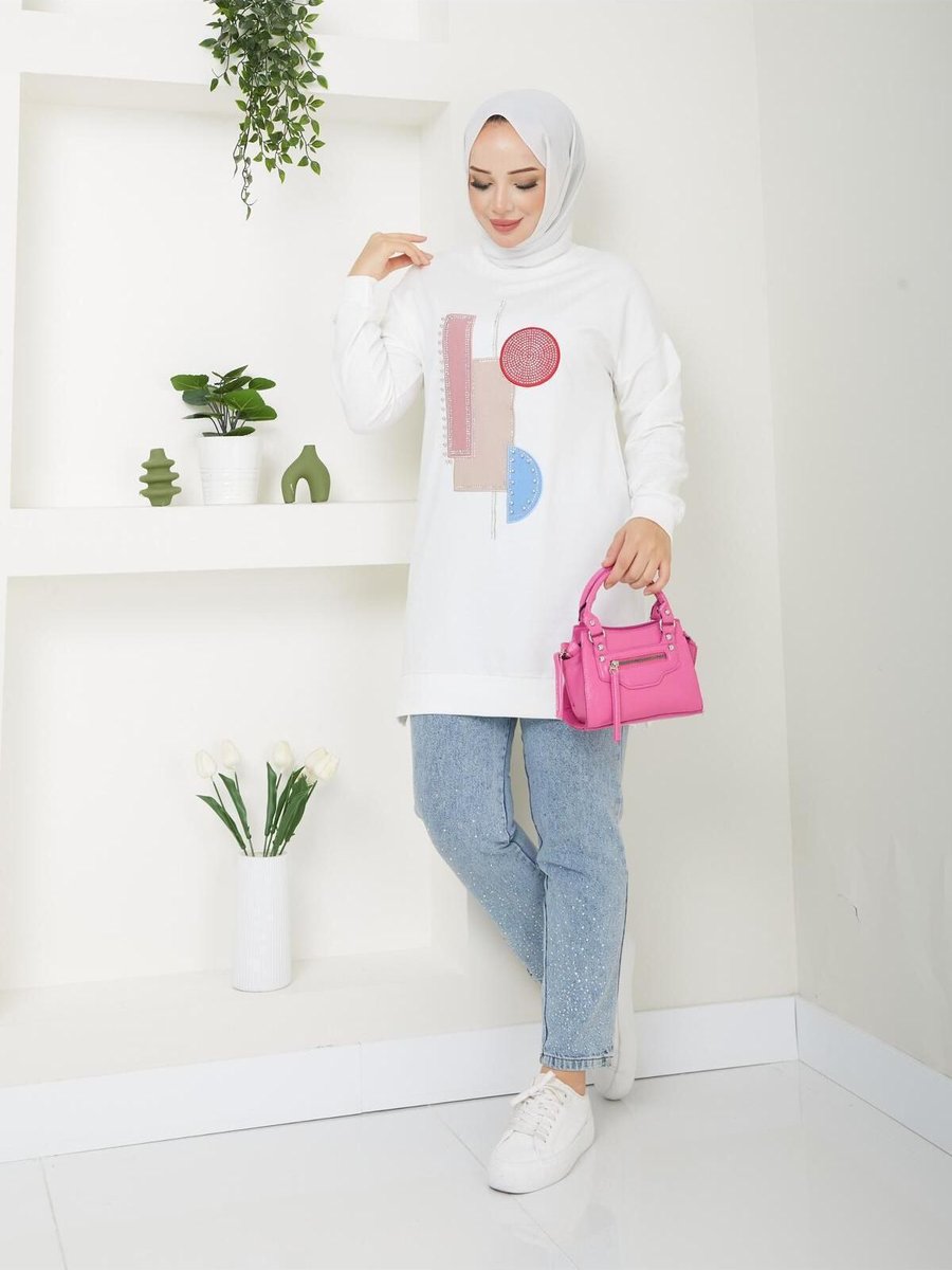 Moda Bisiklet Yaka Uzun Sweatshirt Geometri