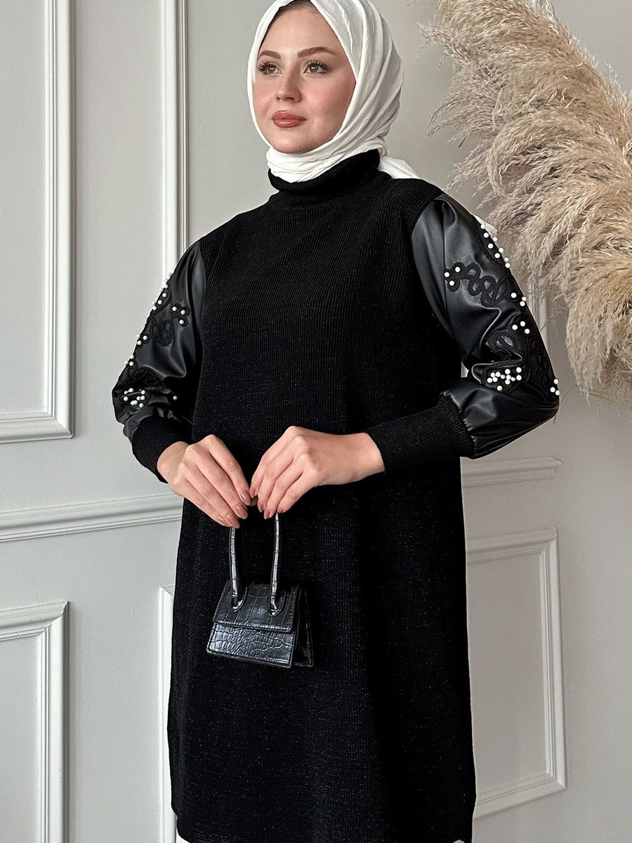 Instyle Kolları Deri Simli Siyah Triko Tunik