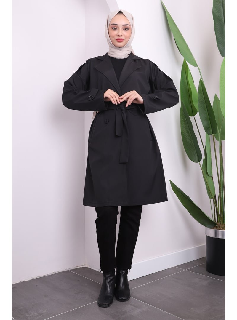 İmaj Butik Siyah Bel Kuşaklı Düğmeli Trençkot