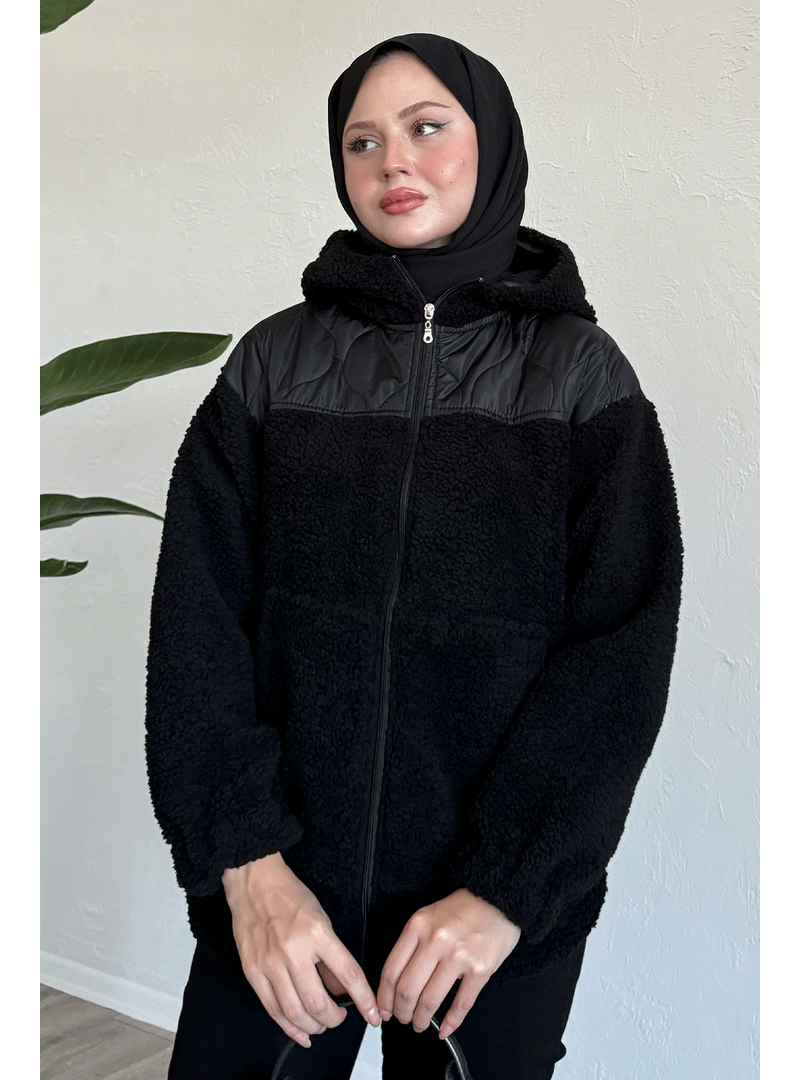 InStyle Kapitone Detay Siyah Peluş Hırka