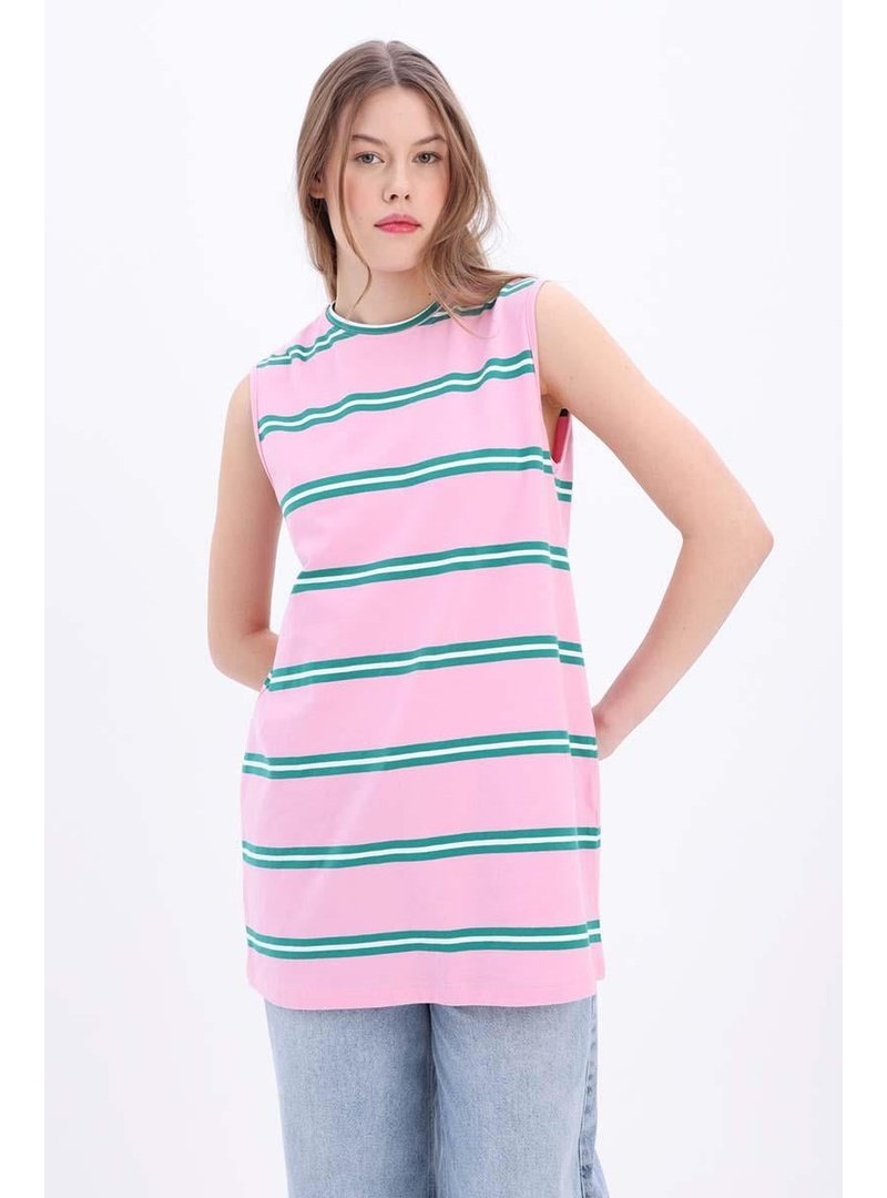 Allday Pamuklu Çizgili Sıfır Kollu Tunik Pembe Yeşil Allday Pamuklu Çizgili Sıfır Kollu Tunik Pembe Yeşil