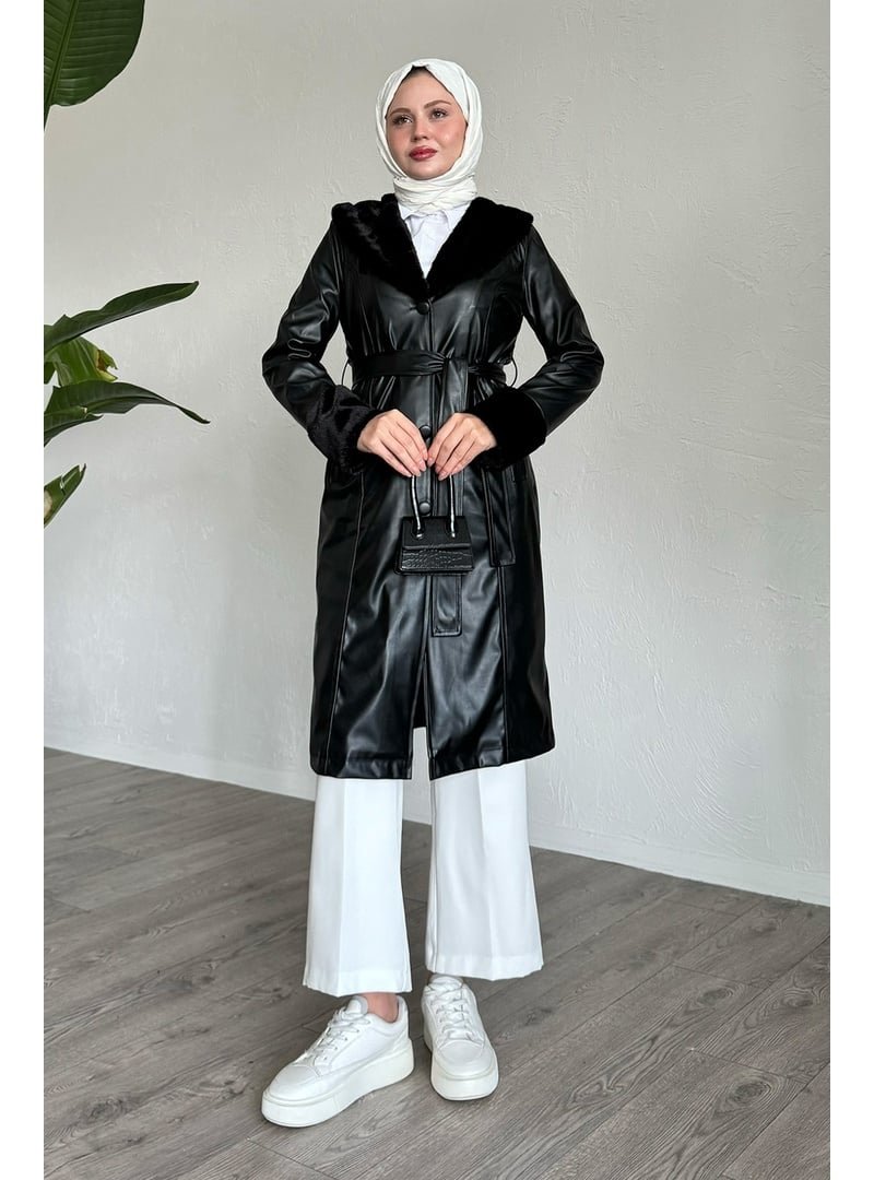 InStyle Kürk Detaylı Siyah Deri Trençkot