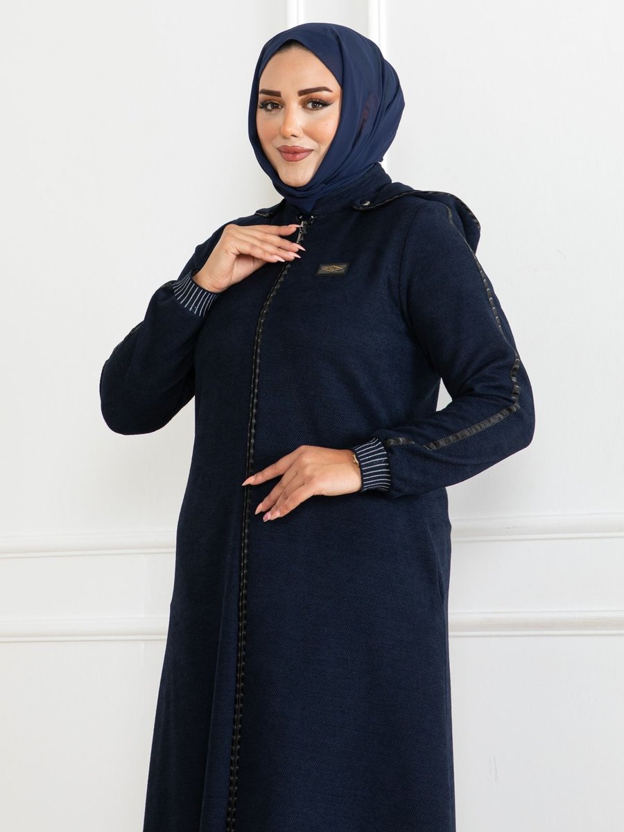 Butik Şönil Kumaş Kapşonlu Fermuarlı Mevsimlik Ferace Lacivert