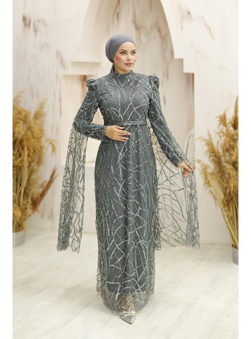 Hakimoda İncilay Boncuklu Abiye Elbise Gümüş