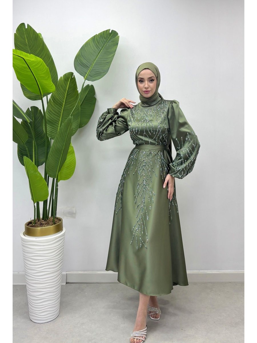 Trendy Butik Kusaklı İşlemeli Abiye Elbise Haki