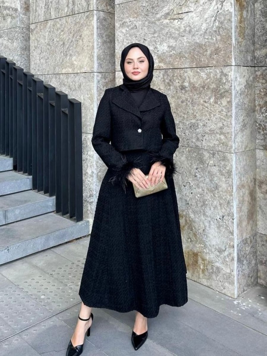 Miraydin Butik Tüvit Kumaş Şık Ceket Ve Etek Takım Siyah