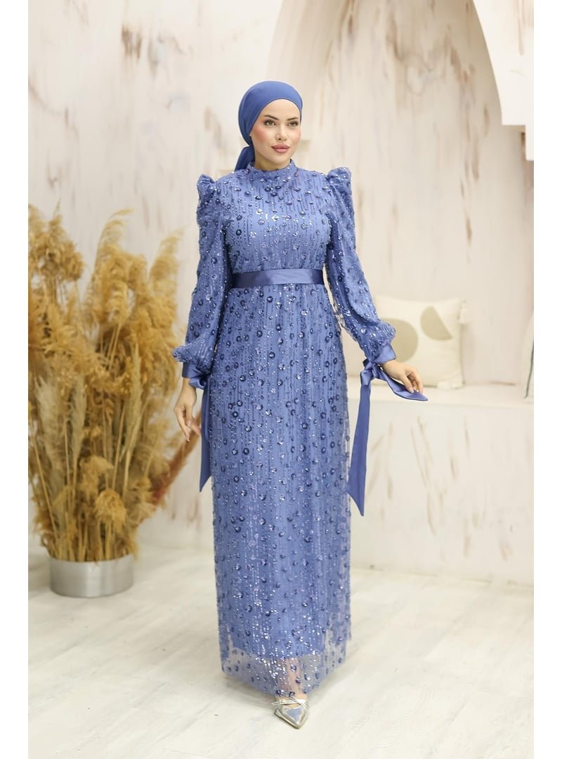 Hakimoda Mavi Gülçiçek Boncuklu Abiye Elbise