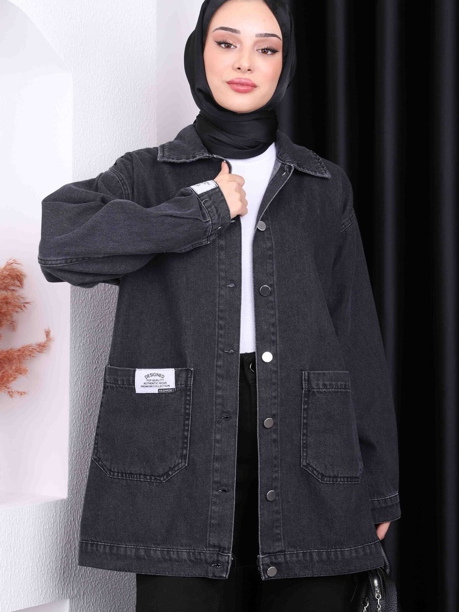 İmajbutik Antrasit Cepli Düğmeli Kot Ceket