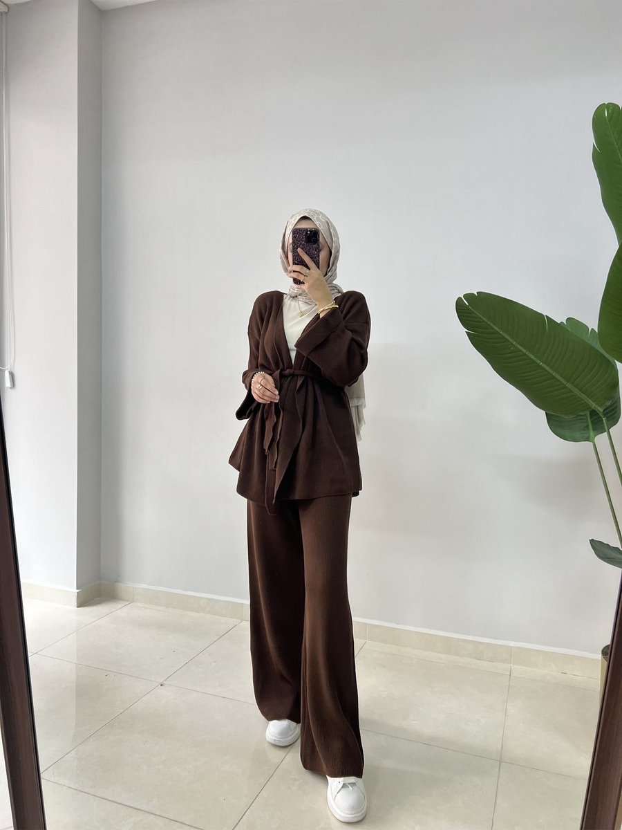 Rimel Moda Kimono Triko Takım Kahverengi