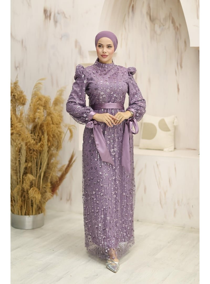 Hakimoda Lila Gülçiçek Boncuklu Abiye Elbise