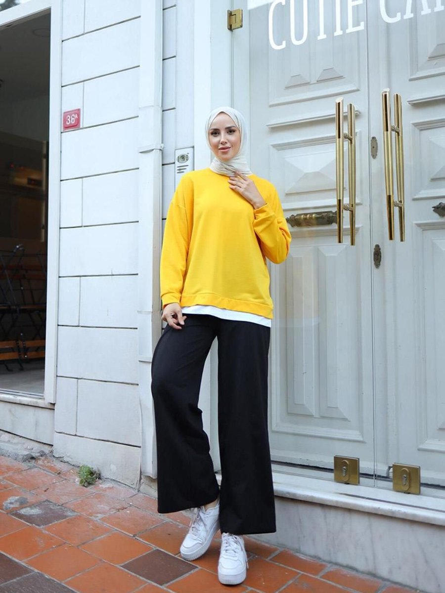 Burcu Tesettür Eteği Garnili Sweat Sarı