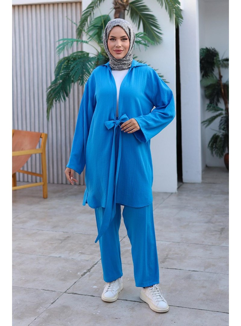 Misskayle Bağlama Detaylı Kimono Takım Deniz Mavisi