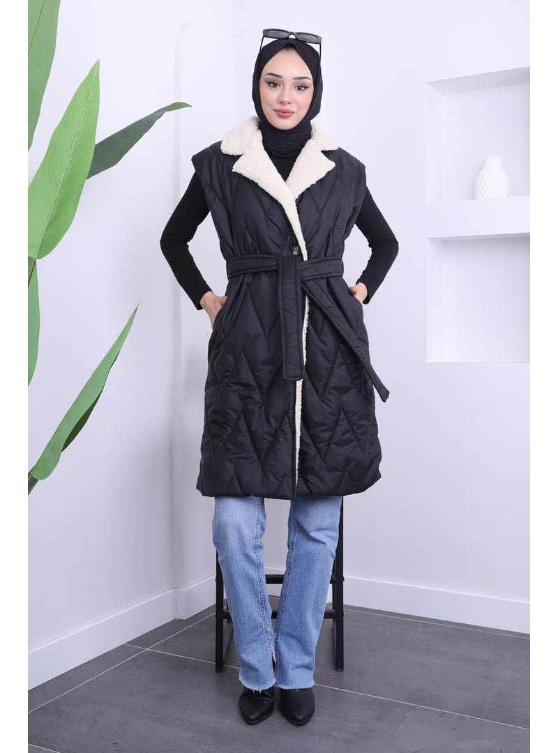İmaj Butik Siyah Yaka Kürklü Bel Kuşaklı Şişme Yelek