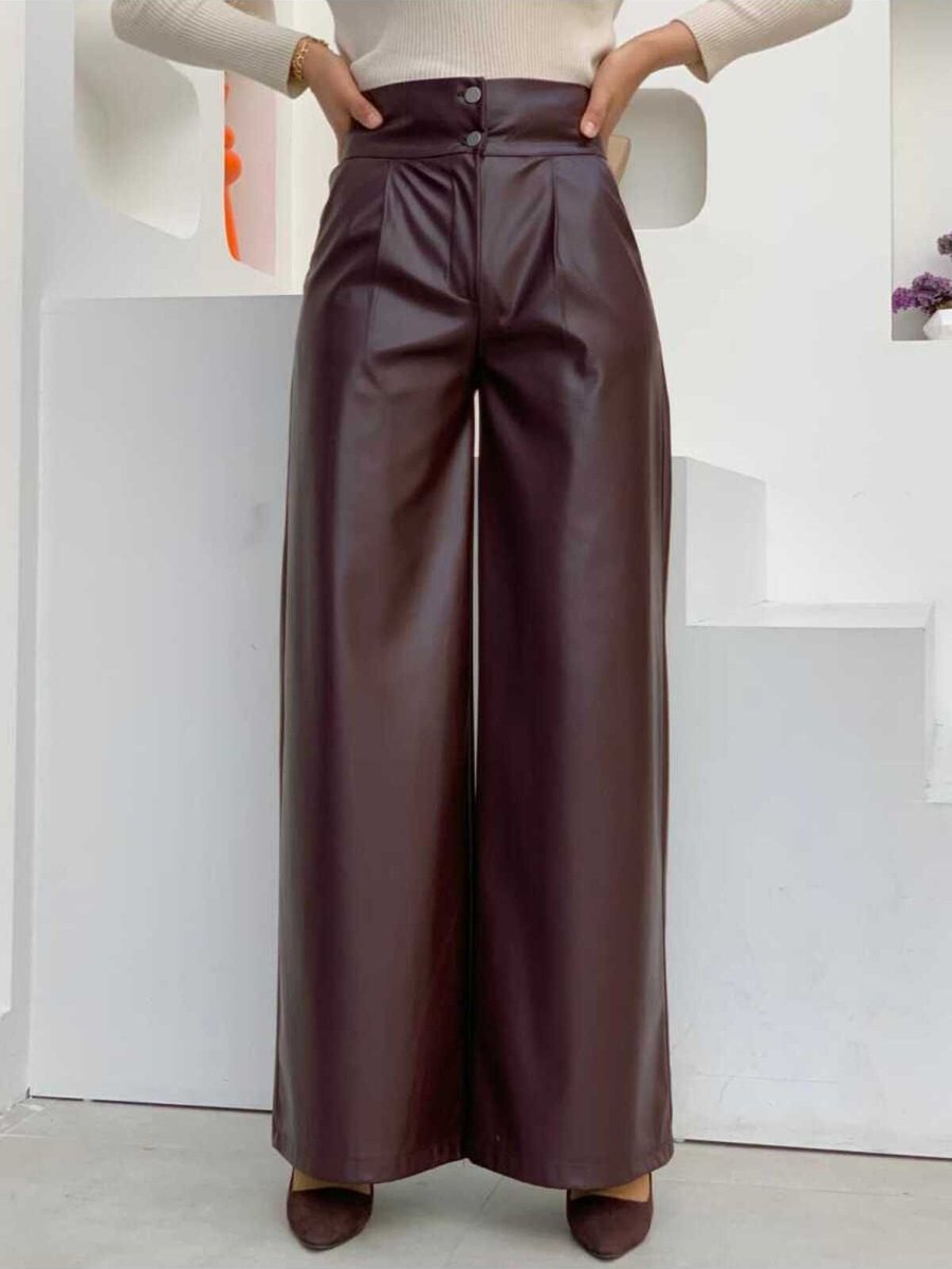 Bym Fashion Fermuarlı Düğme Detaylı Deri Cepli Pantolon Bordo