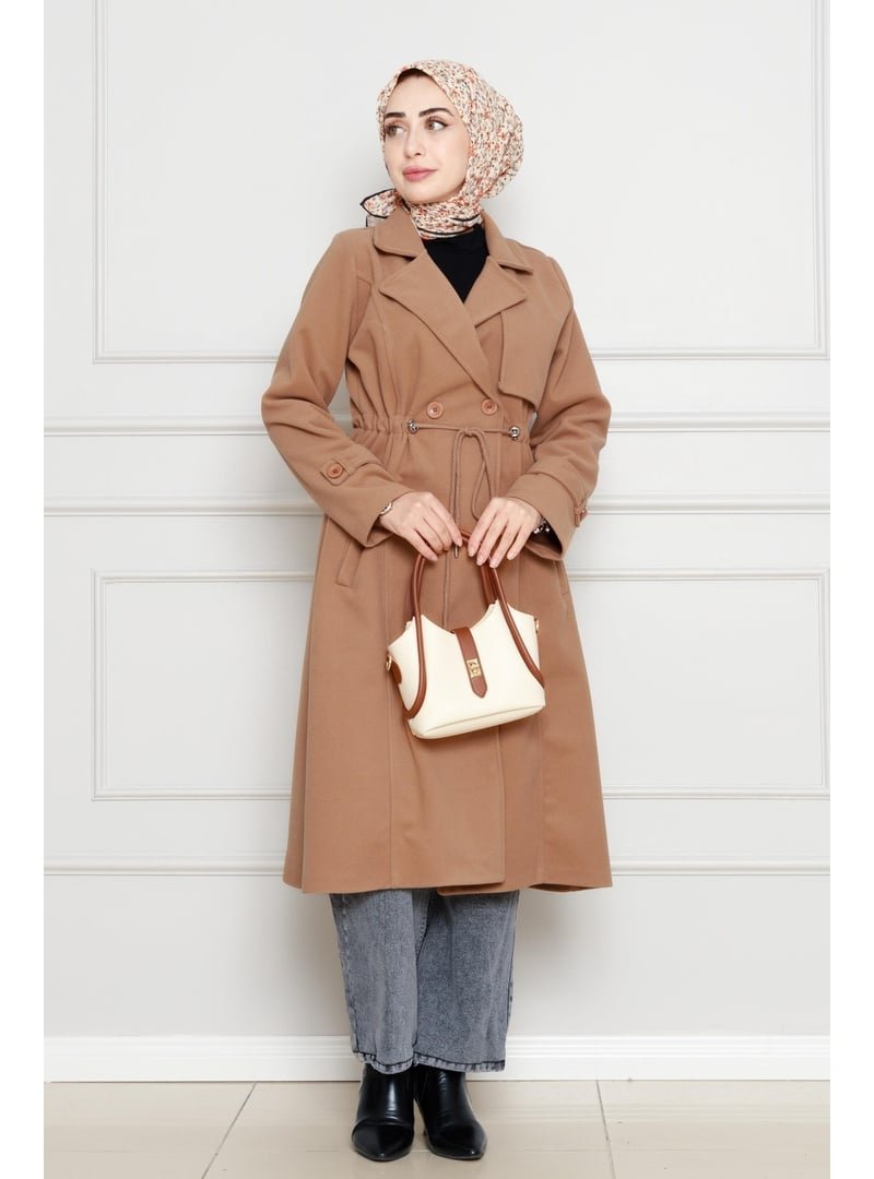 Sevitli Camel Cepken Detaylı Beli Tünelli Kaşe Kap
