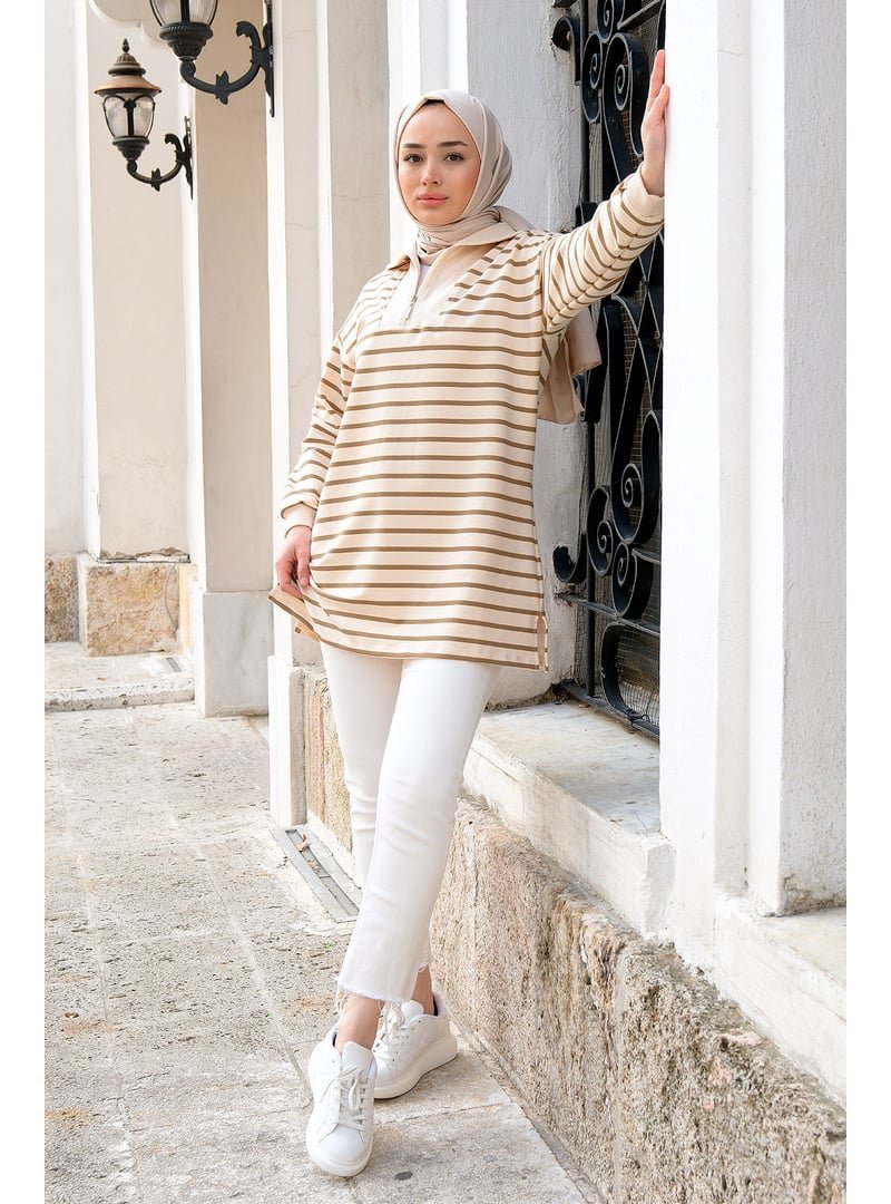 Locco Moda Önü Fermuarlı Çizgili Sweat Yağ Yeşil