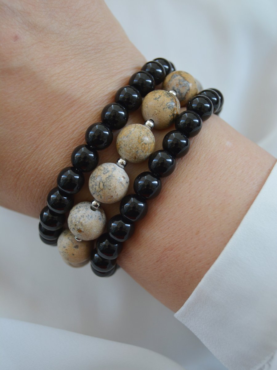 Stoneage Çok Renkli Jasper Ve Oniks Taşlı Bileklik Seti