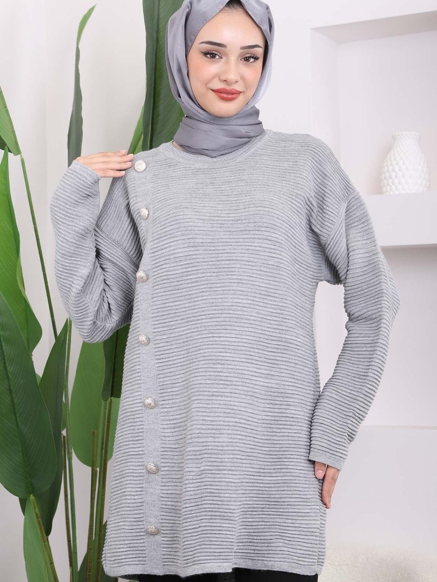 İmajbutik Gri Düğme Detaylı Gofralı Triko Tunik