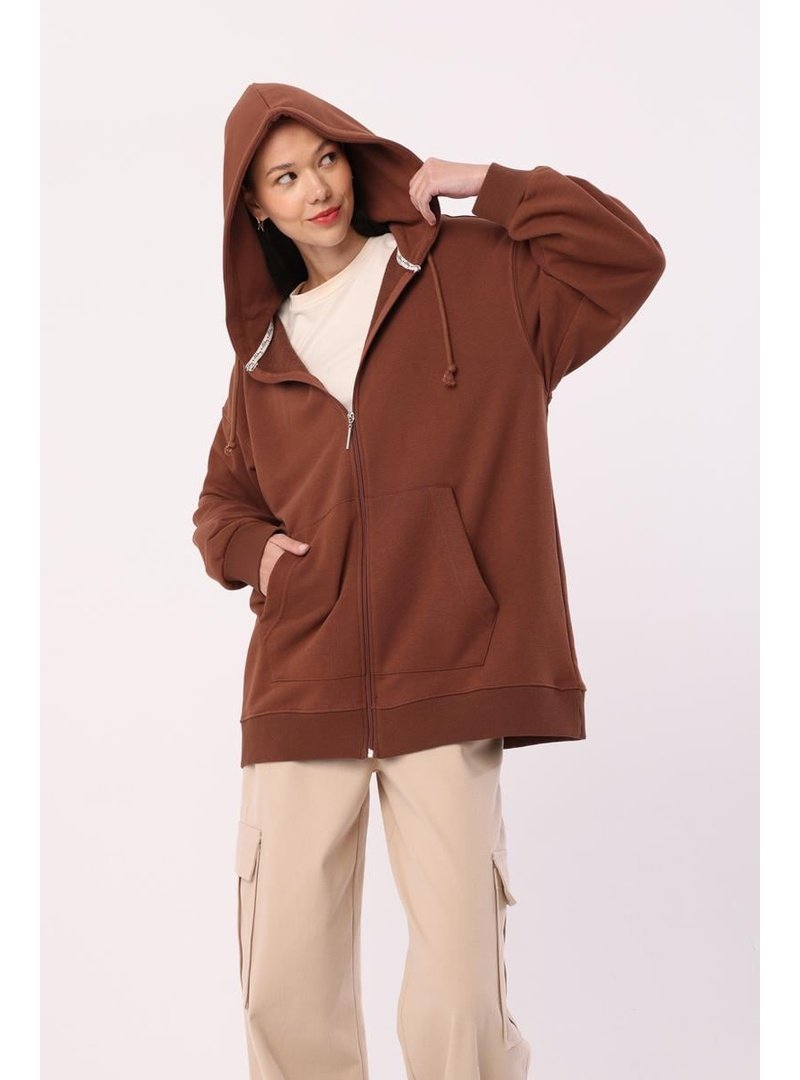 Allday Açık Kahve Kanguru Cepli Oversize Sweat Hırka