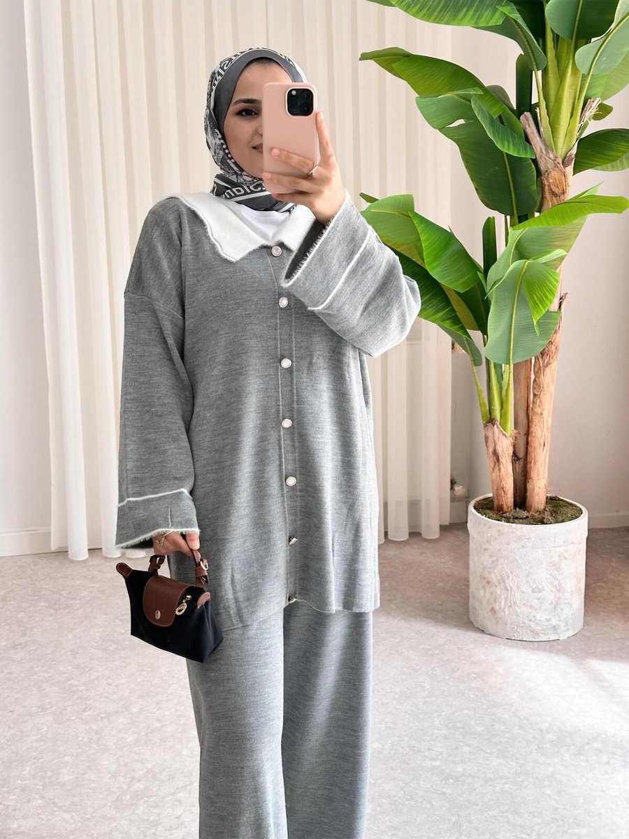 Asel Fashion Gömlek Yaka Düğmeli Triko Takım Gri