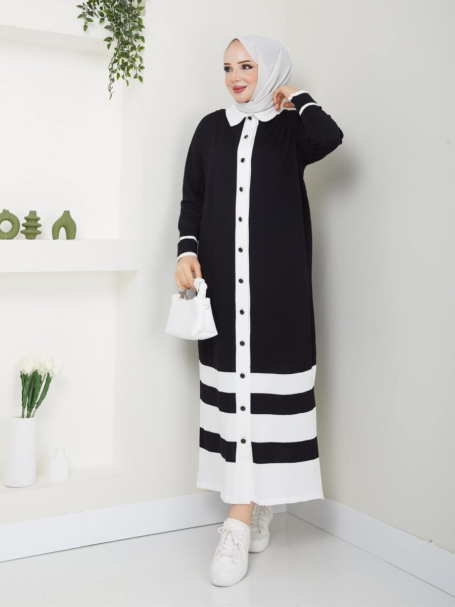 Miraystyle Tam Boy Çizgi Detaylı Gömlek Yaka Hırka