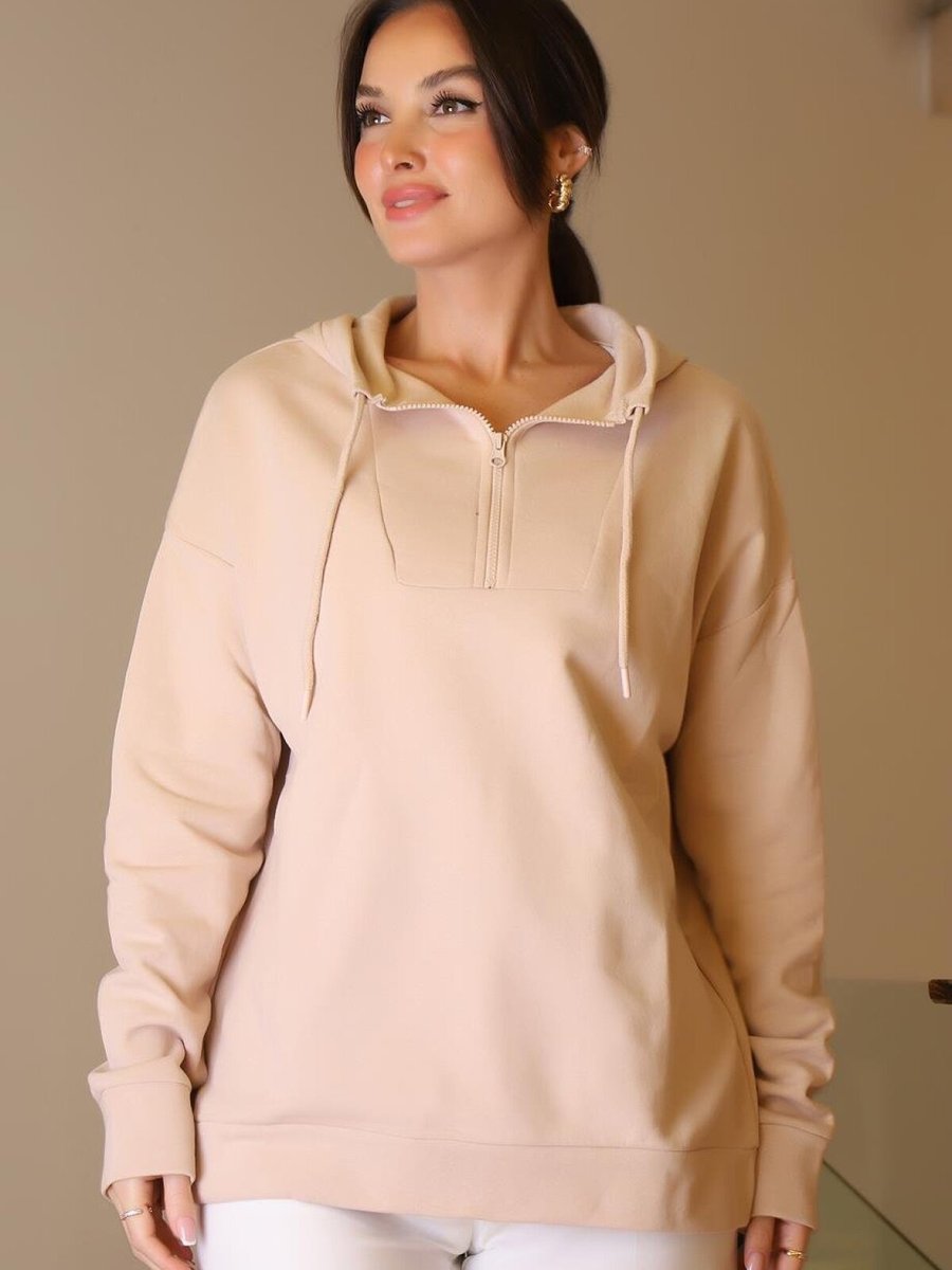 Ind Zentoni 2k5 K.pudra Kapüşonlu Yakası Fermuarlı Pudra Sweatshirt