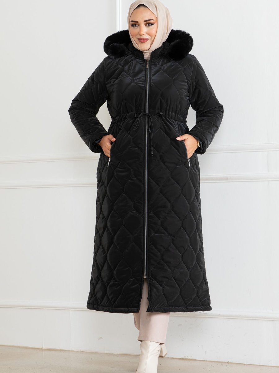 Butik Kadın Kapitone Fermuarlı Kapşonlu Şişme Mont