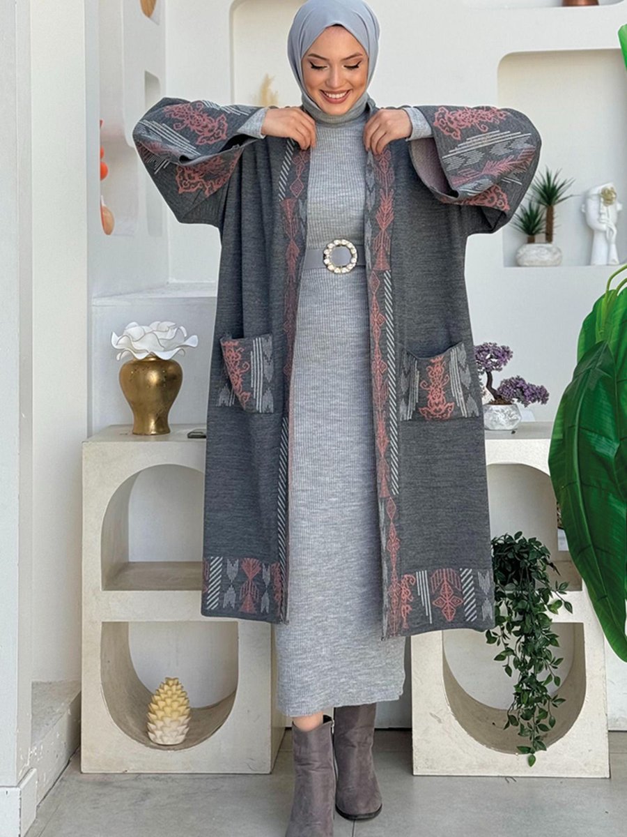 Bym Fashion Etnik Desenli Cepli Triko Hırka Füme