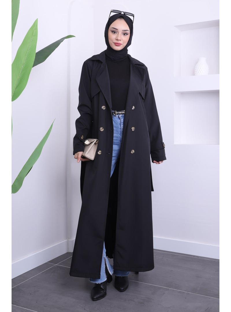 İmaj Butik Siyah Bel Kuşaklı Düğmeli Trenç