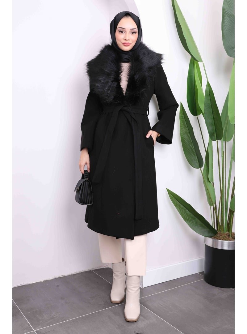 İmaj Butik Siyah Yaka Kürklü Kaşe Kaban
