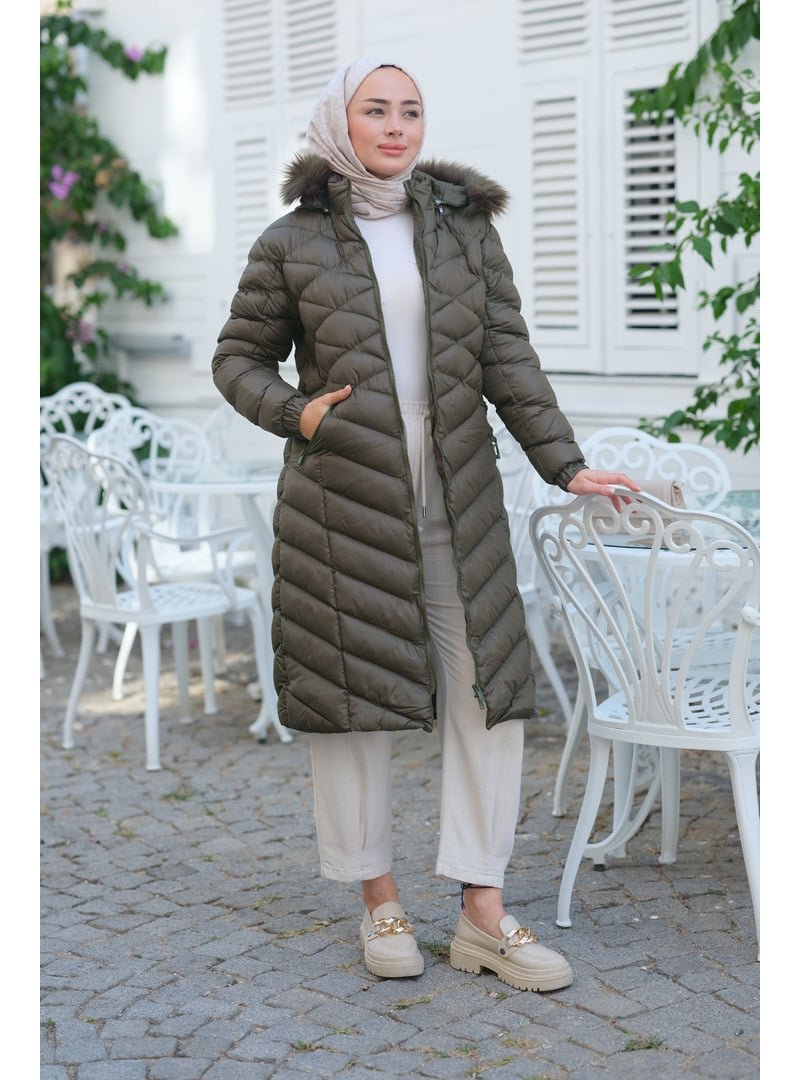 Locco Moda Kapüşonlu Kemer Detaylı Şişme Mont Haki Yeşil