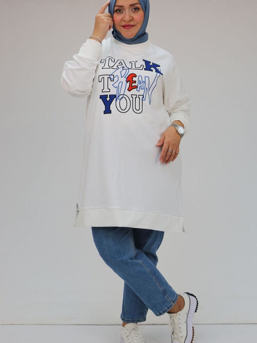 Sehernurmoda B.b. Kabartma Baskılı İki İplik Tunik Ekru