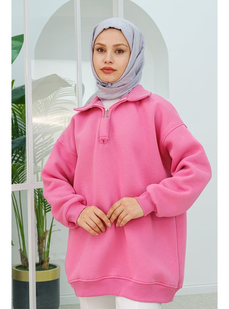 Locco Moda Pembe Yarım Fermuar Detay Sweat