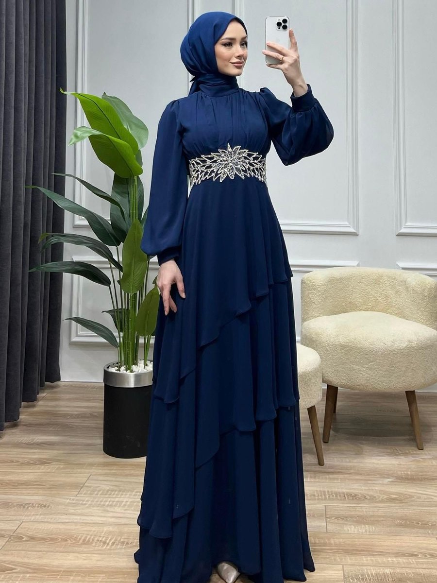 Modaensarbutik Kat Kat Taş İşlemeli Abiye Elbise Lacivert
