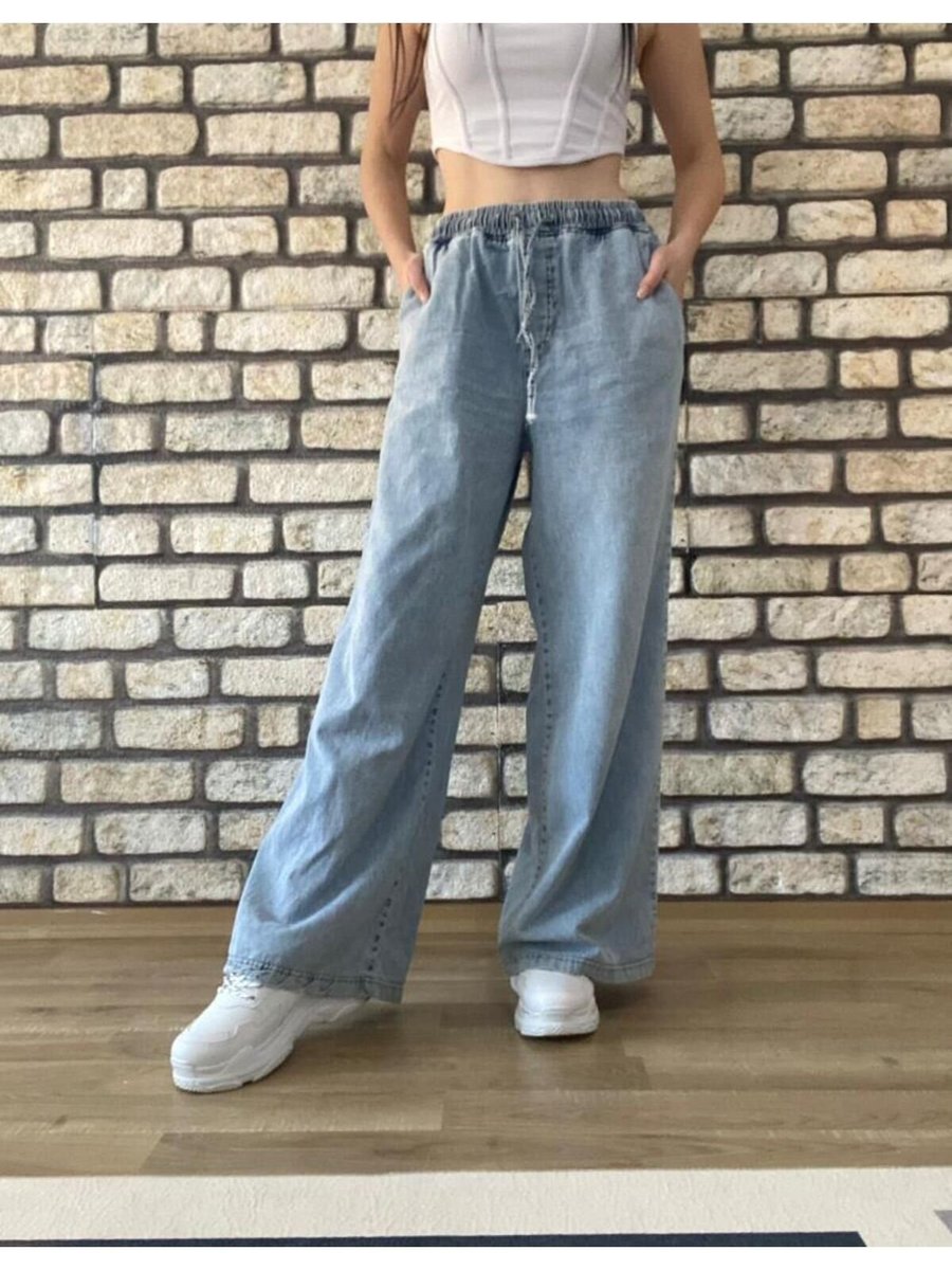 Pasaklı Giyim Mavi Bağcıklı Beli Lastikli Bol Paça Kot Pantolon