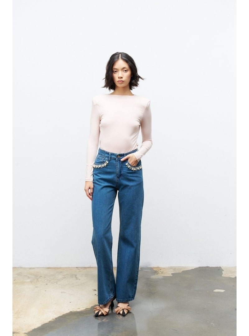 BASICPARK Koyu Mavi Cep Detayı İncili Bol Paça Cotton Denim Pantolon