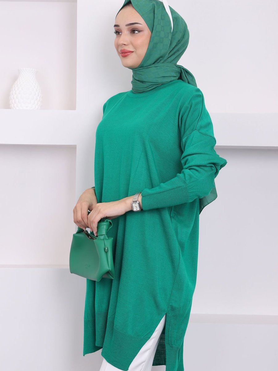 İmajbutik Yeşil Bisiklet Yaka İnce Merserize Salaş Triko Tunik