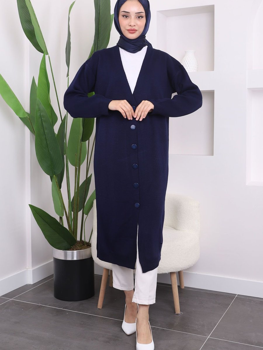 İmajbutik Lacivert Düğmeli Uzun Triko Hırka